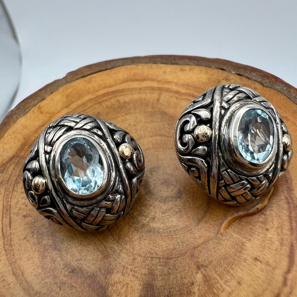 Detailed Vintage Sterling Silver and 18k with Blue Stone Earrings